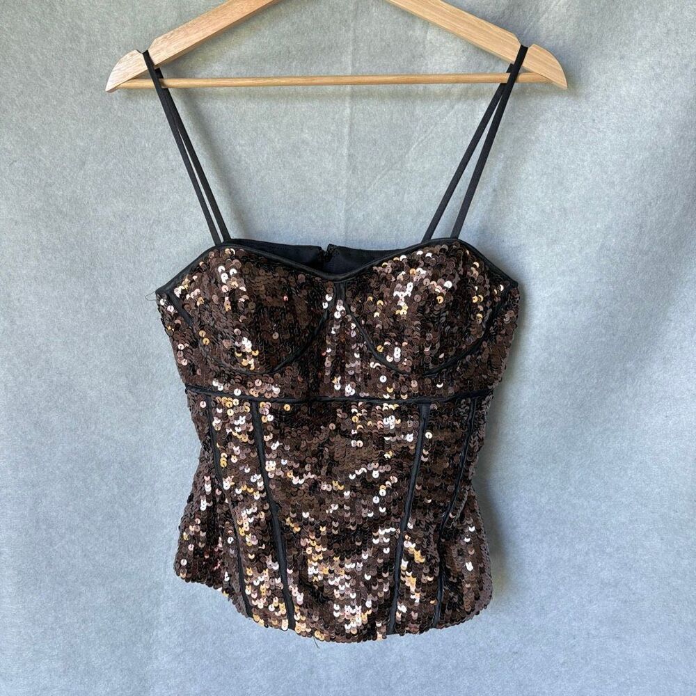 VTG Cache Luxe Medium Full Sequin Gold Copper Corset Top Bling Maximalist M